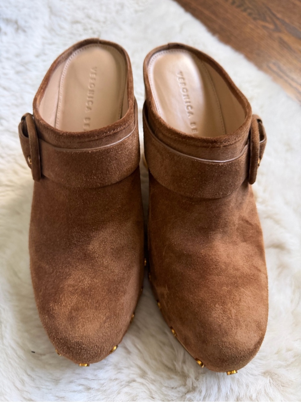 Veronica Beard Chestnut Brown Suede Clog Mules with Buckle